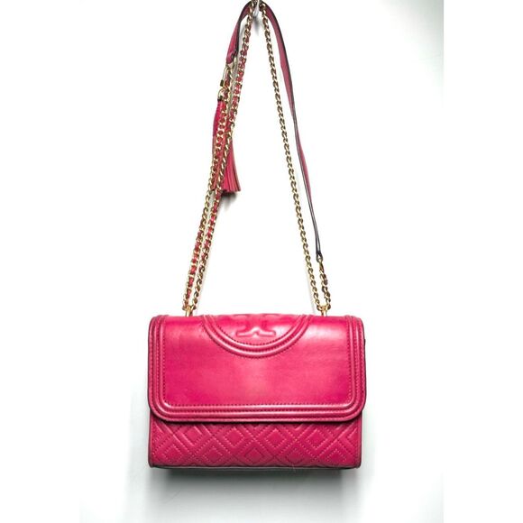 Tory Burch Fleming Quilted Magenta Convertible Shoulder Bag Gold Chain Tassel - Picture 3 of 11